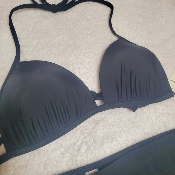 Aerie Black Bikini Set Small NWT Ribbed Bottoms Push-Up Bra Top Swimwear Neutral - Picture 2 of 13